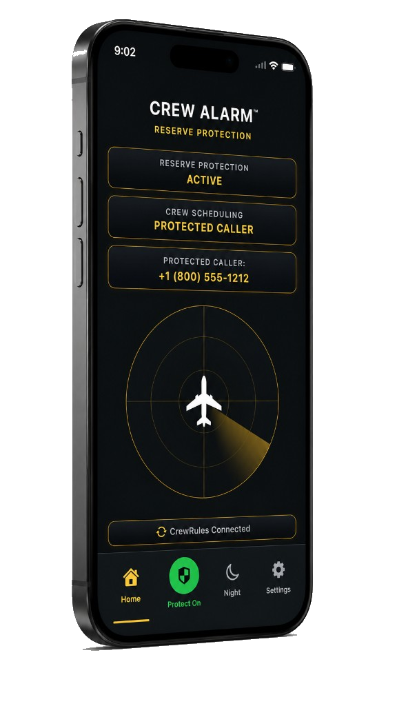 Crew Alarm on iPhone — reserve protection active with CrewRules Connected